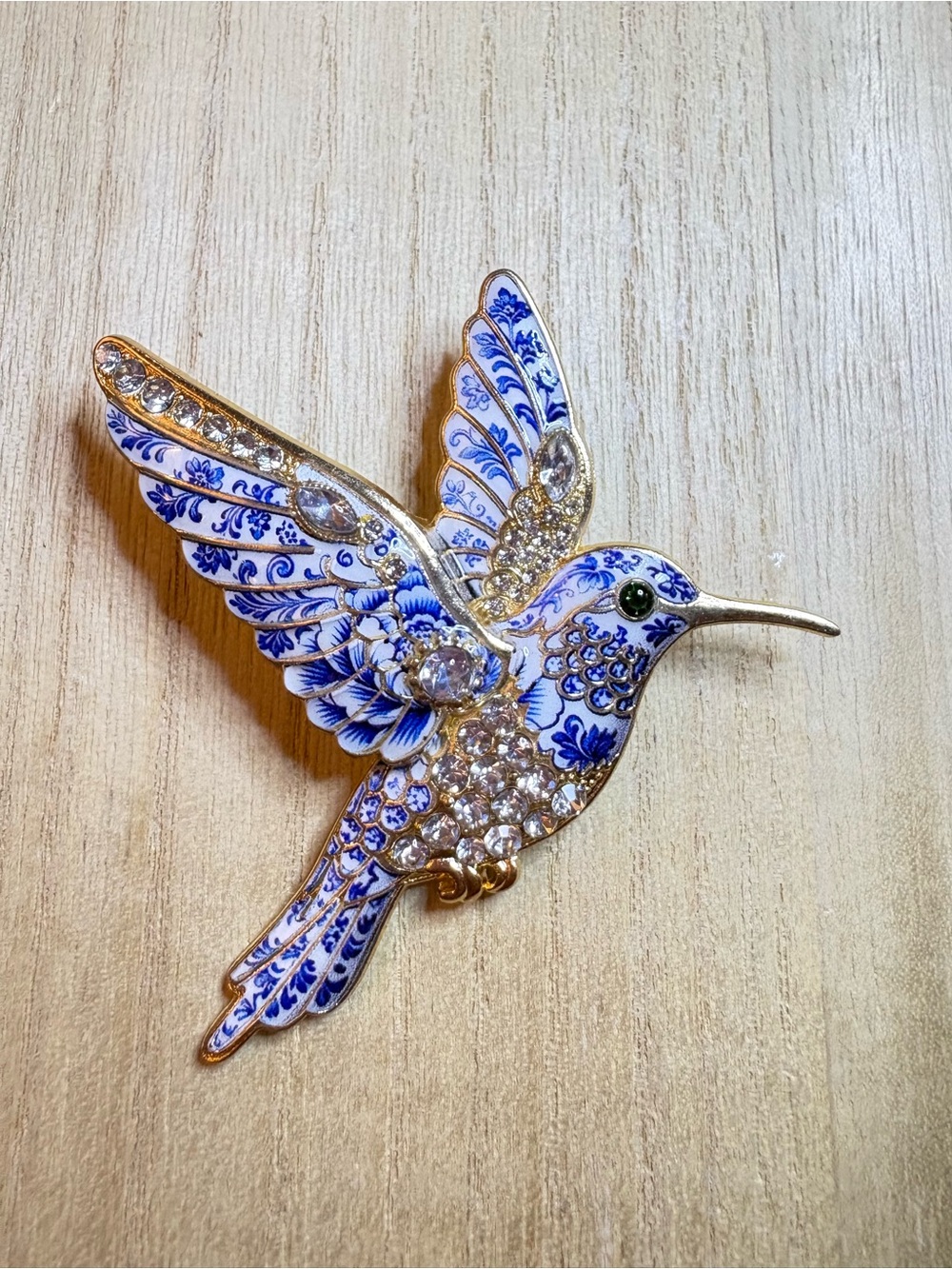 Blue & White Enamel Hummingbird Brooch with Crystal Accents